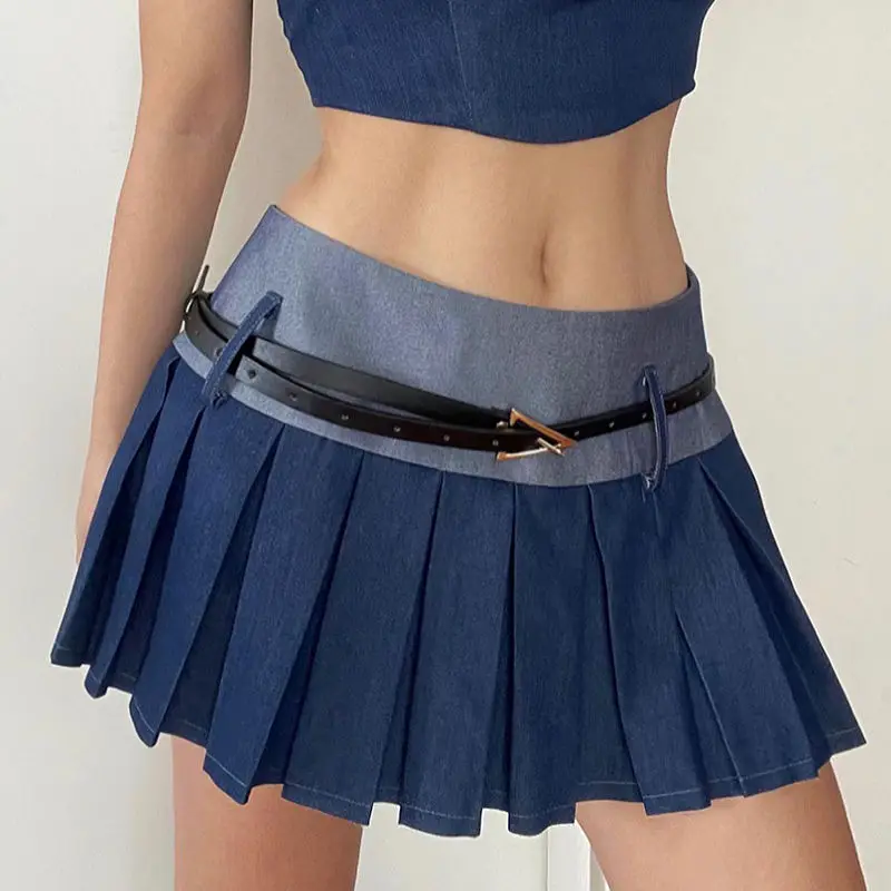 

Pleated Stitching, Contrasting Colors + Belt To Cover Crotch Slimming Sweet And Spicy Skirt Short Skirt American Style For Women