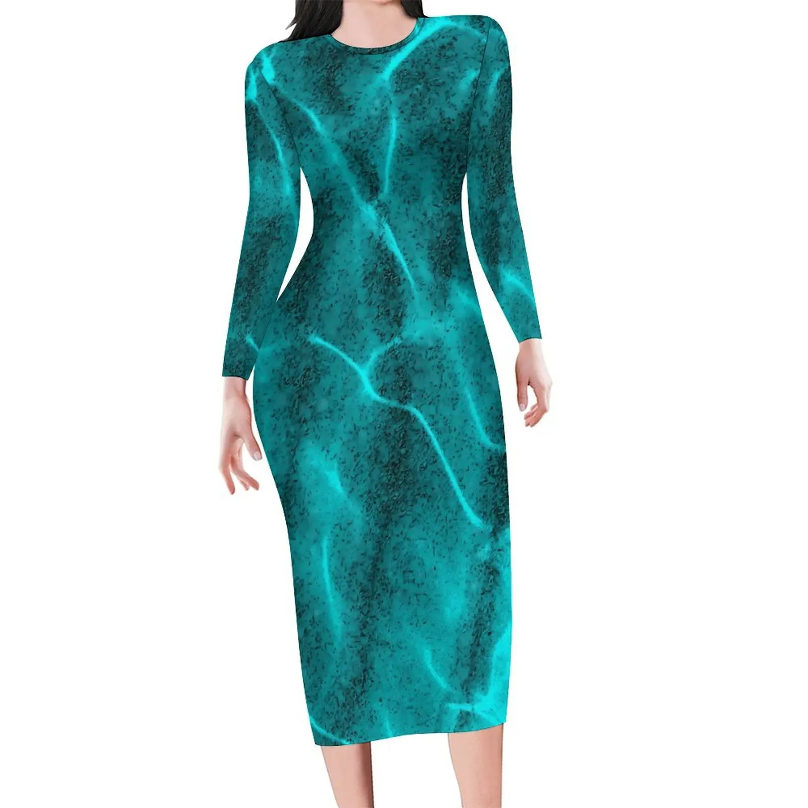 

Teal Shallow Water Dress Long Sleeve Crystalline Sea Aesthetic Dresses Autumn Cute Bodycon Dress Female Custom Big Size Vestido