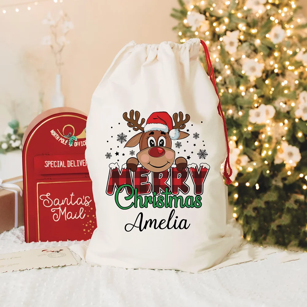 

Custom Deer Christmas Bag Holiday Santa Sack Merry Xmas Eve Party Decor Santa Bag Drawstring Bags Party Decor Christmas stocking