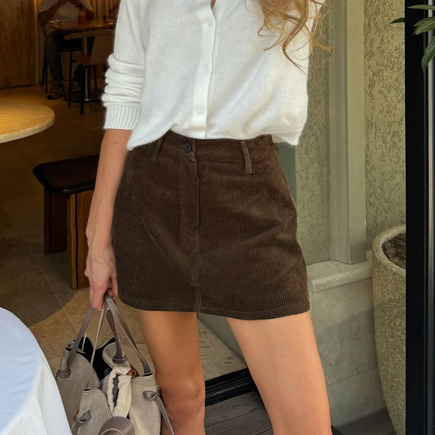 

Linad Street Chic Коричневые мини-юбки с высокой талией для женщин Осенняя элегантная вельветовая юбка трапециевидной формы 2025 Повседневная короткая юбка женская