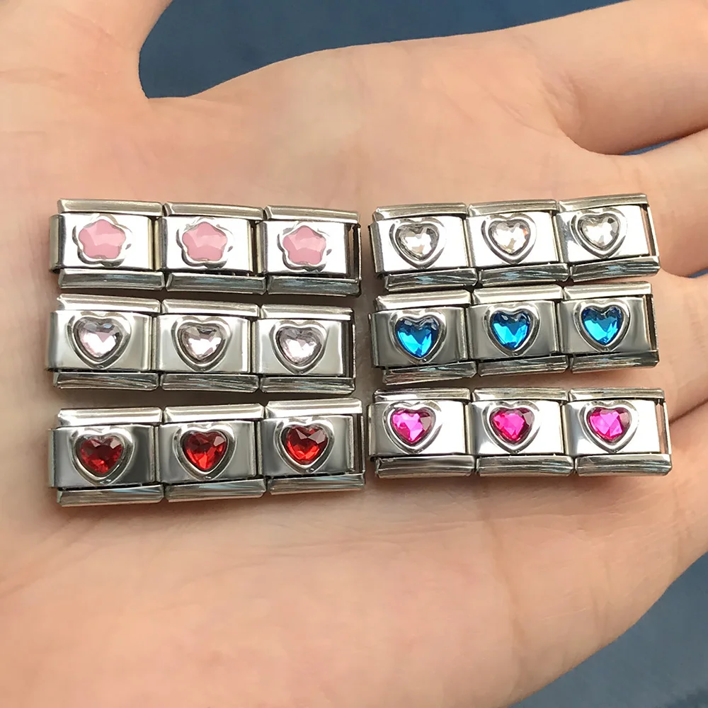 Fashion Tide Women Heart Colorful Zirconia Italian Charm Link Fit 9mm Stainless Steel Bracelets Making DIY Jewelry Gifts