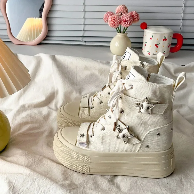 Retro High-End Canvas-Schuhe mit dicker Sohle für Damen – Neu eingetroffen, vielseitige, höhenvergrößernde Freizeit-Sneaker mit Sternenmuster für den Frühling