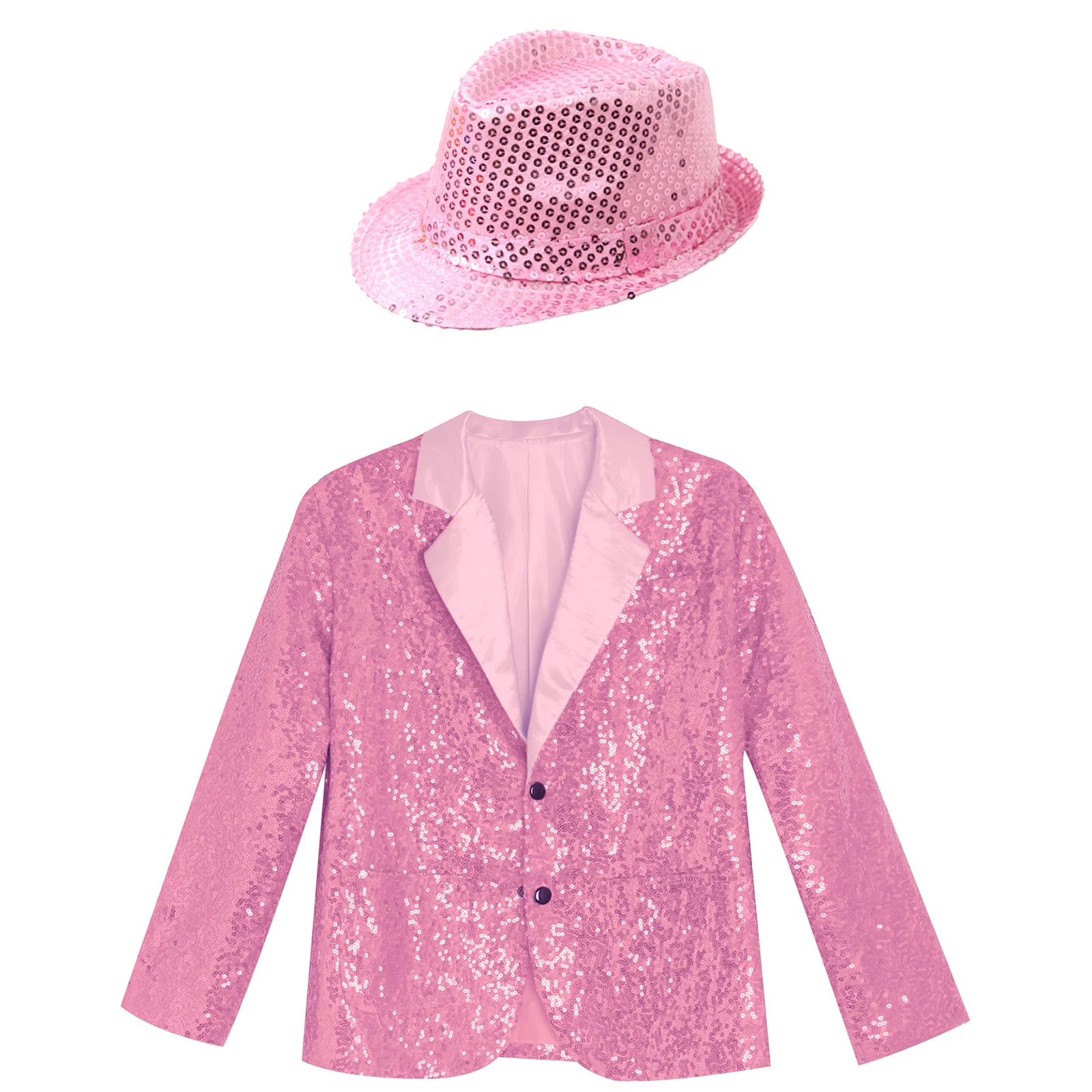 

Kids Girls 2 Pcs Hip-hop Jazz Dance Costumes Set Long Sleeve Sparkly Sequins Blazer Jacket with Hat Stage Competiton Outfits
