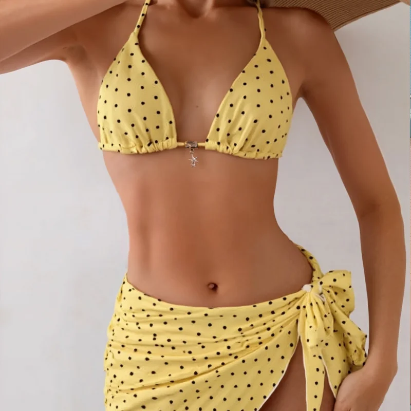 

2026NewbikiniPolka Dot Print Triangle Tie Sexy Cover-Up Swimsuit Three-Piece Set for Women
