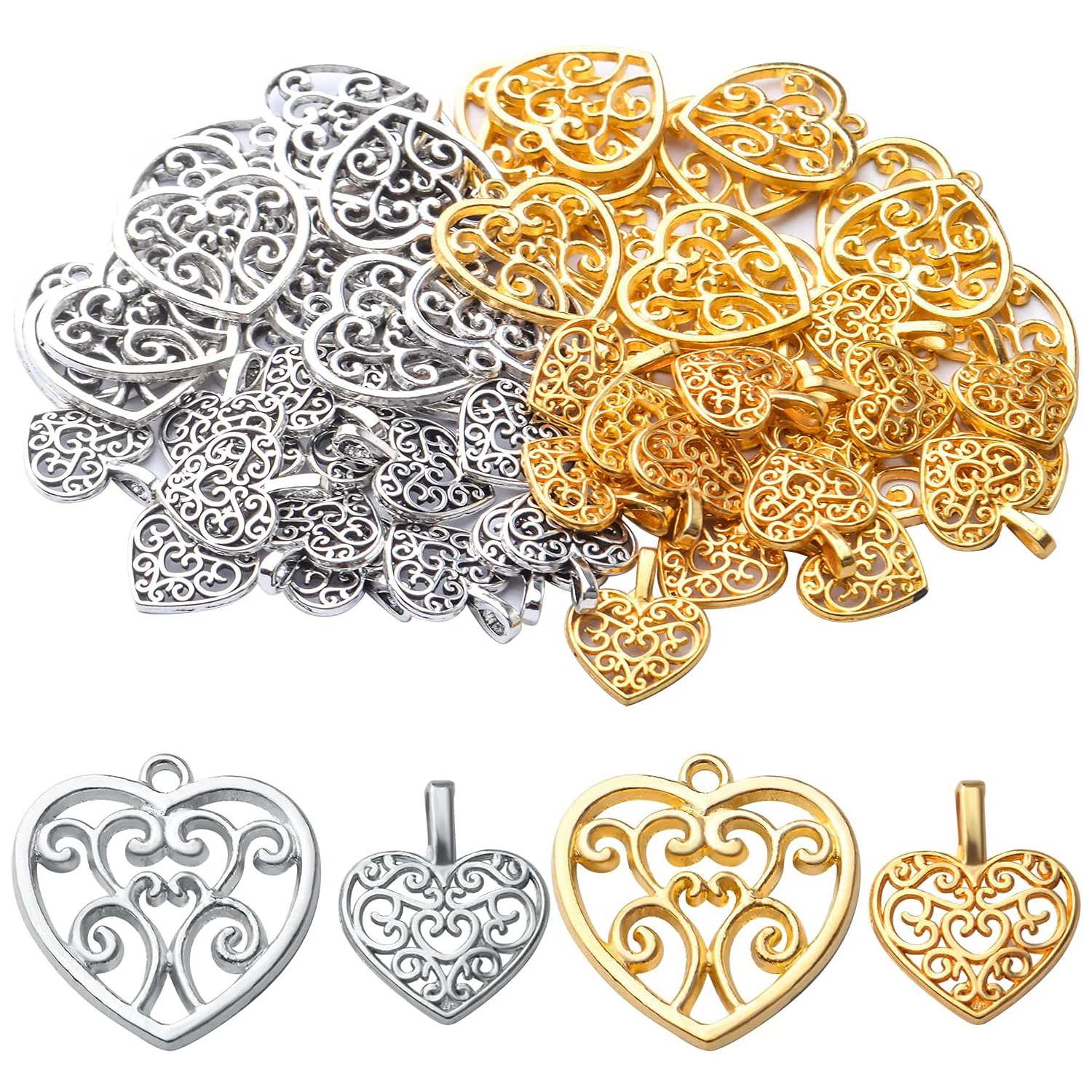 

60pcs Heart Charms Tibetan Alloy Filigree Hollow Heart Love Charm Pendants for DIY Earring Bracelet Jewelry Crafts Making
