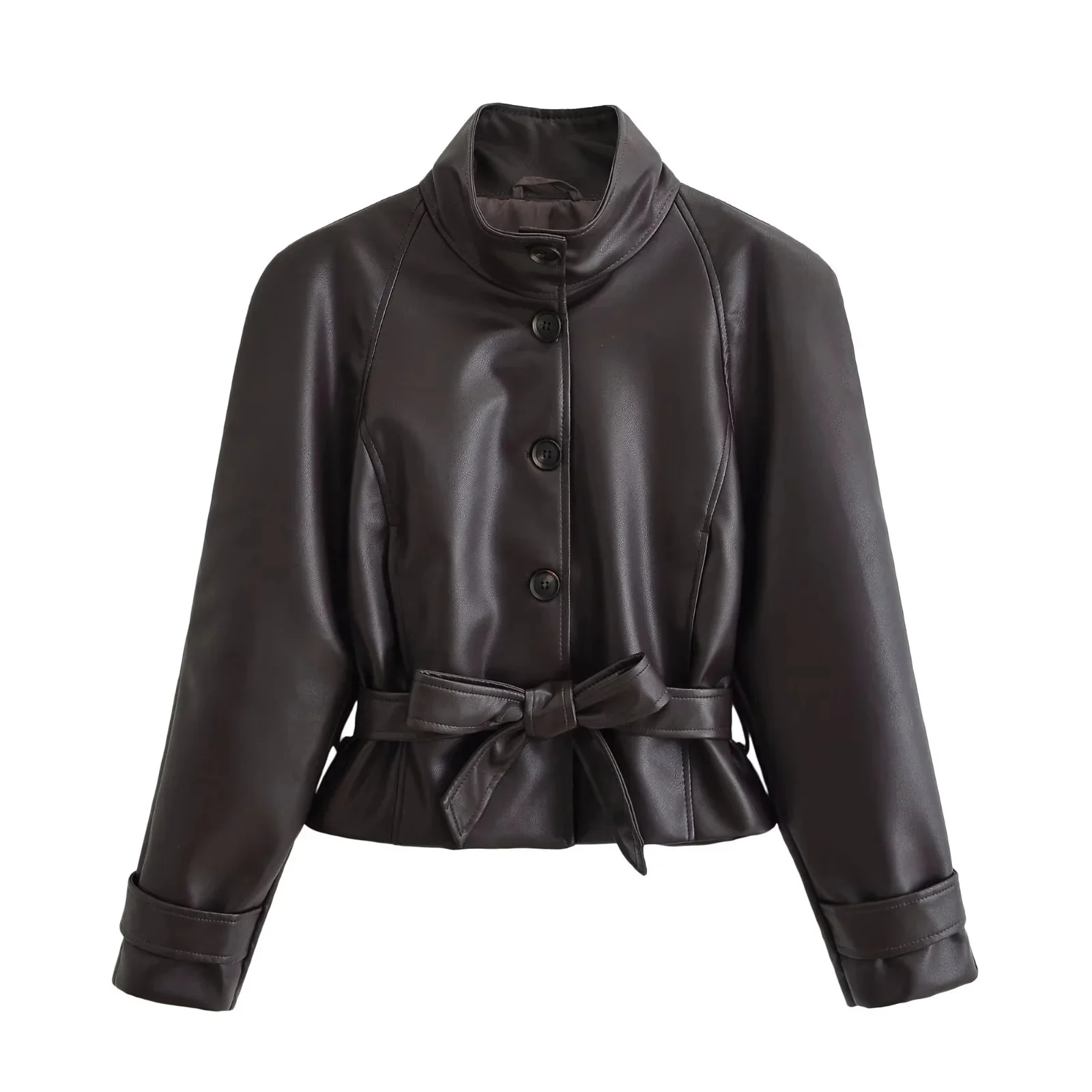 KONDALA Elegante Lässige Damen-Lederjacke mit Stehkragen, Einreihig, mit Gürtel, Modische Herbst-Winter-Urlaubsjacke 2026 – Detail 8