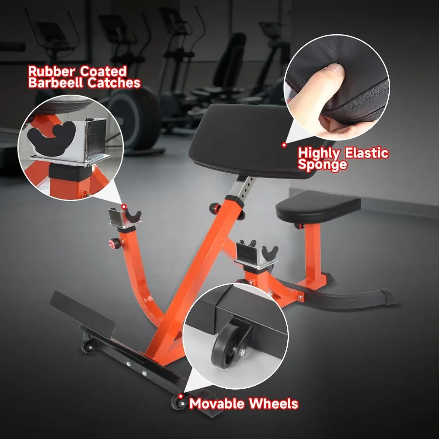 Регулируемая машина для снятия сгибания рук для тренировок бицепсов, сидящая скамья для домашнего спортзала, грузоподъемность 440 фунтов (оранжевый)