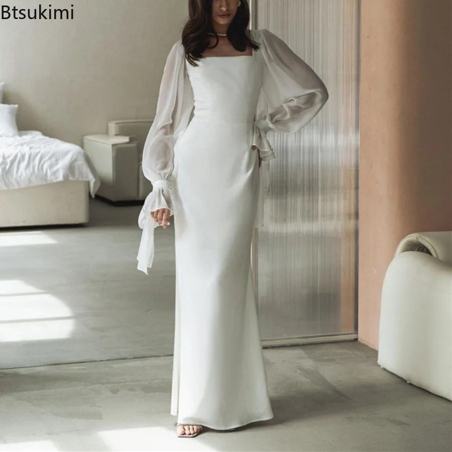 Women's French Style Dress Fashionable Slim Fit Square Neck Ankle Length Fishtail Skirt Spring New Solid Waist Cinching Dress