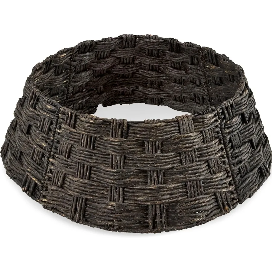 

42-дюймовая корзина с воротником для рождественской елки, тканая юбка из гиацинта, состоящая из трех частей, праздничная юбка из ротанга, аксессуар для дома с вырезом на шнуре - эспрессо