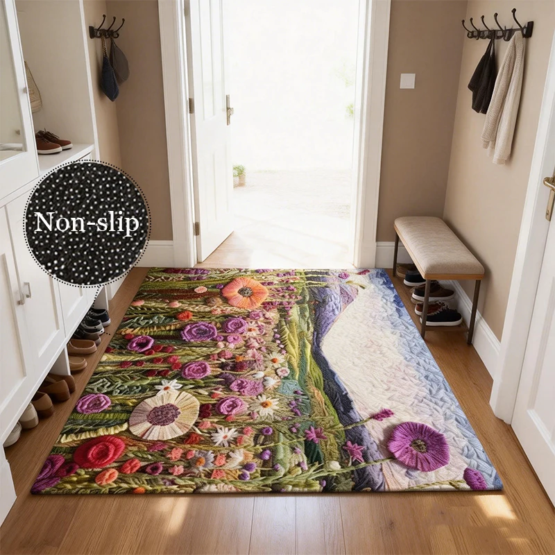 

Fresh Floral Art 3D Visual Three-dimensional Embroidery Carpet Crystal Velvet Easy Clean Bedroom Entrance Decoration Floor Mat