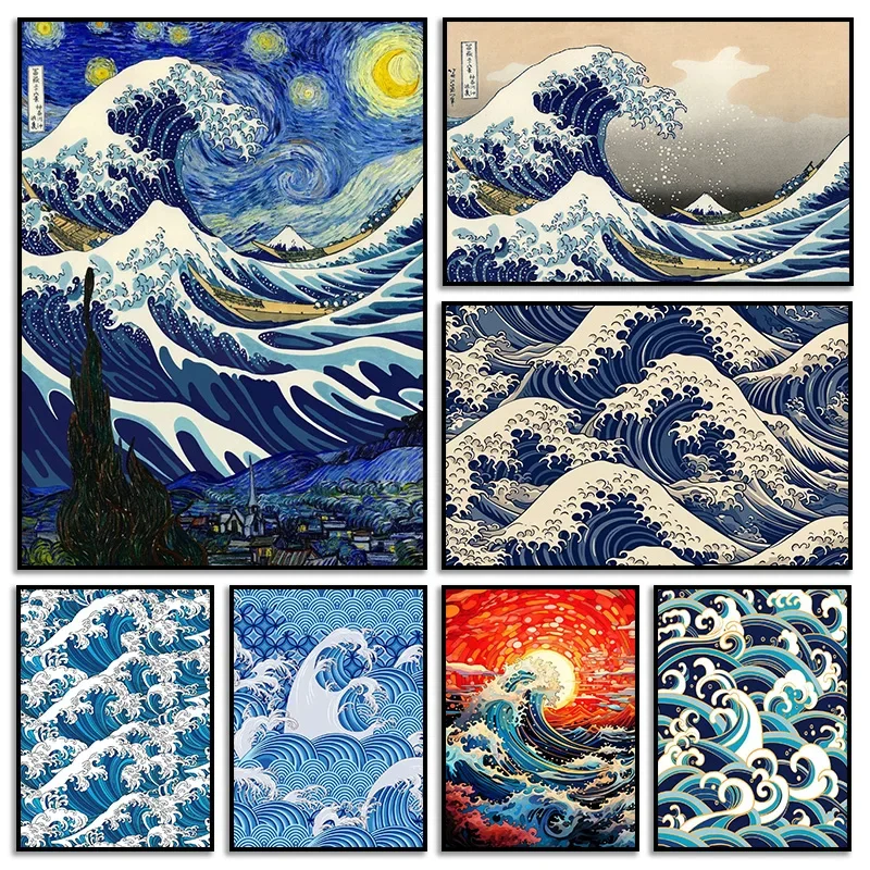 Retro The Great Wave of Kanagawa Japanese Ukiyo-e Vintage Canvas Painting and Prints Wall Art Poster For Living Room Home Dec