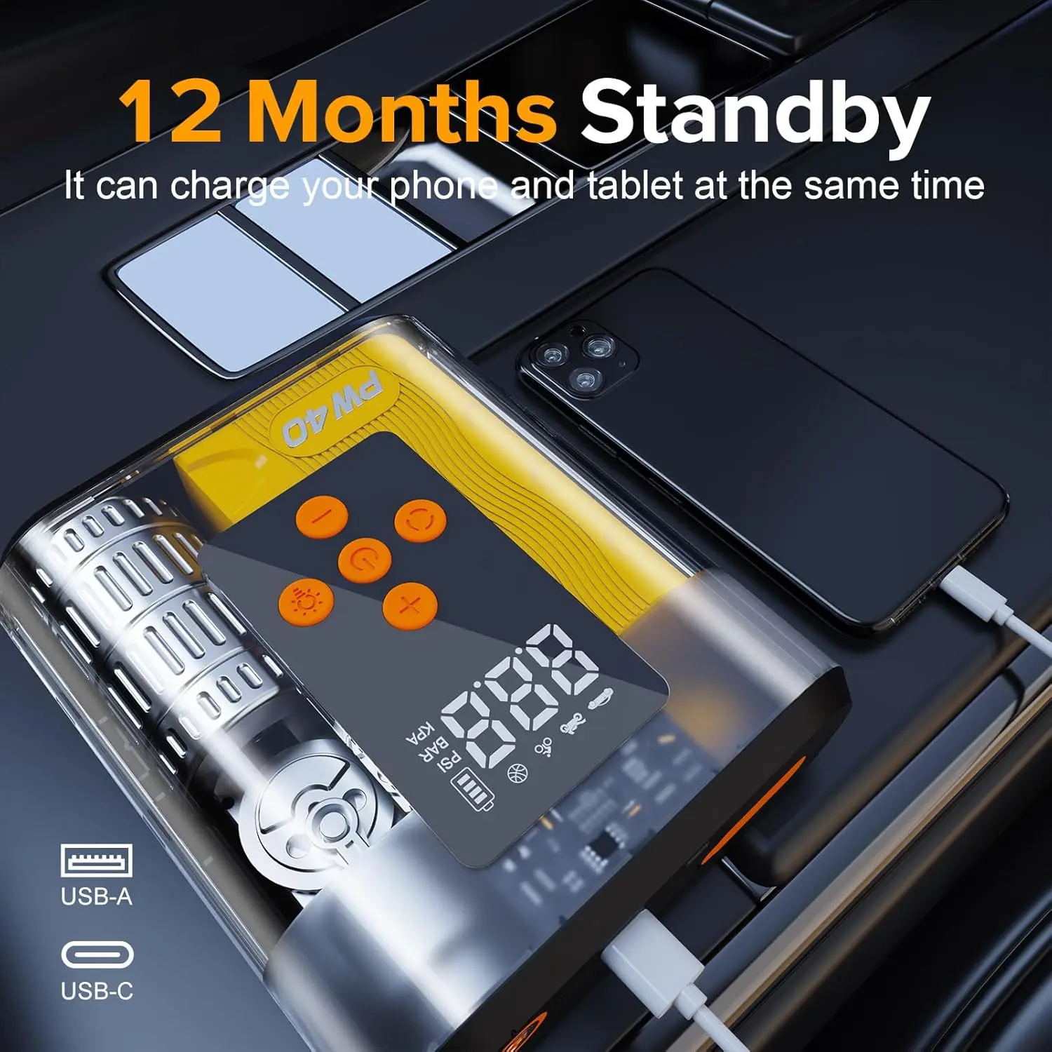 Стартер с воздушным компрессором, пиковая мощность 4000 А, накачиватель мощностью 200 фунтов на квадратный дюйм, светодиодная подсветка, USB-порты, аварийный комплект для газовых двигателей до 9,0 л.