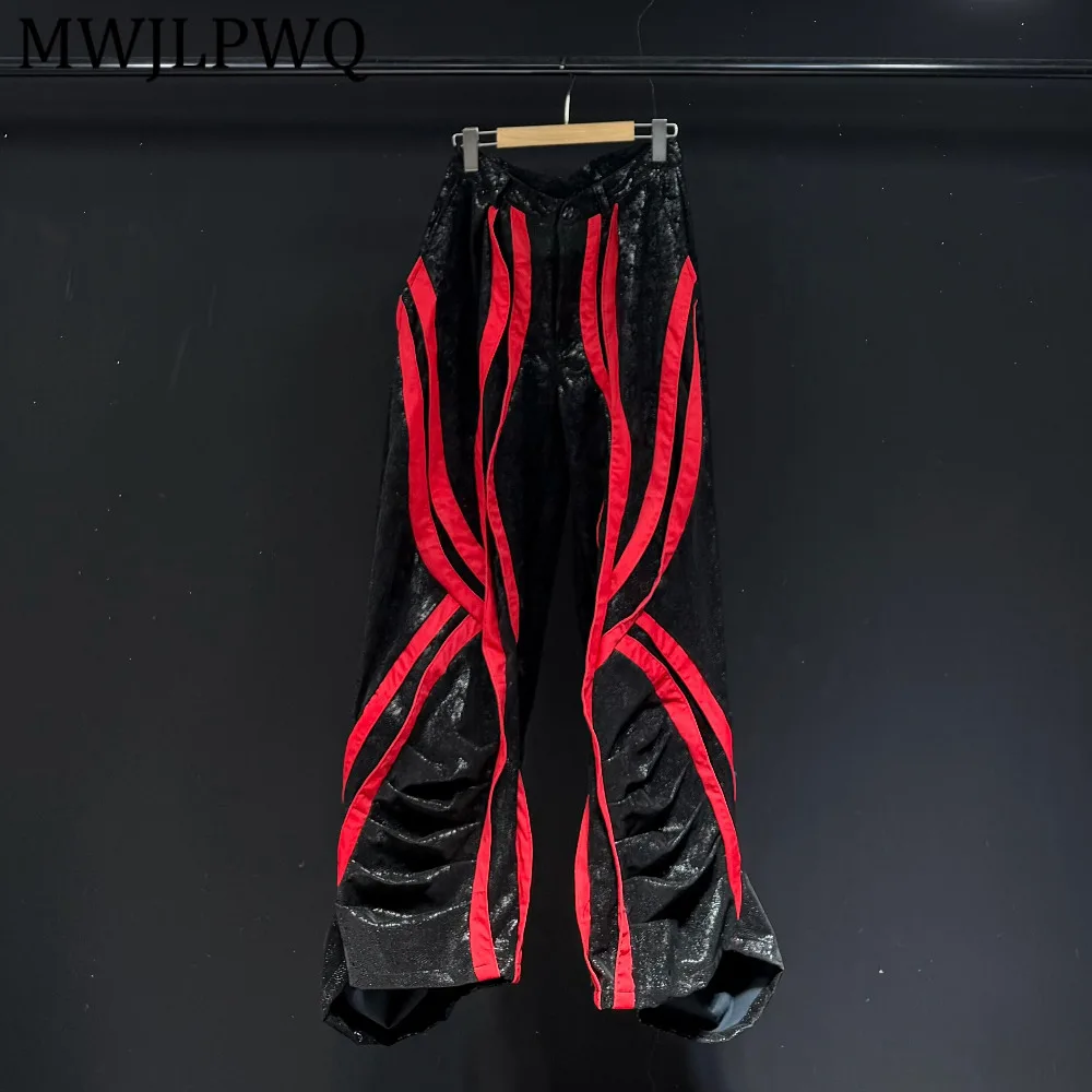 

MWJLPWQ High Street Printed Texture Trousers For Men Contrast Color Spliced Design Casual Pants Spring Trendy Streetwear 14418