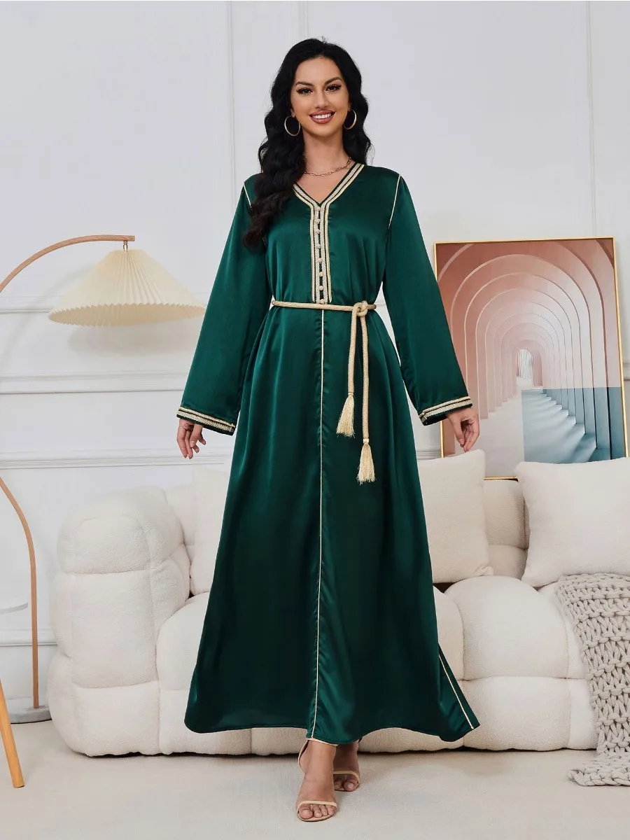 Eid Arab Muslim Party Dress for Women Abaya V Neck Button Jalabiya Long Dresses Morocco Kaftan Vestidos Dubai Ramadan Gown Robe