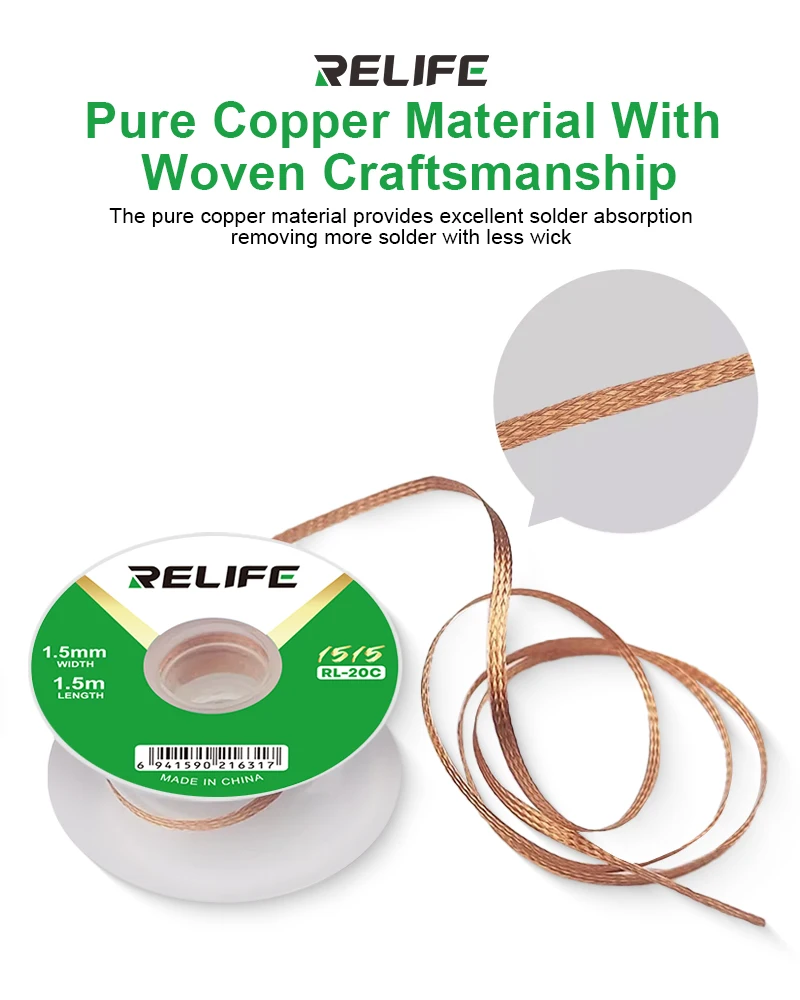 RELIFE RL-20C Premium Pure Copper Desoldering Braid,Oxidation-Resistant, High Absorption for Clean PCB Rework and Solder Removal