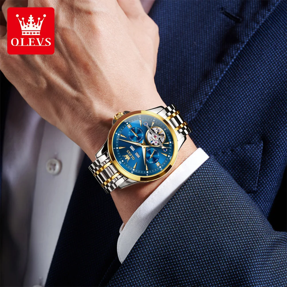 OLEVS 7091 Männer Uhr Luxus Marke Automatische Mechanische Uhr Multi funktionale Wasserdichte Leucht aushöhlen Business Männer Uhr
