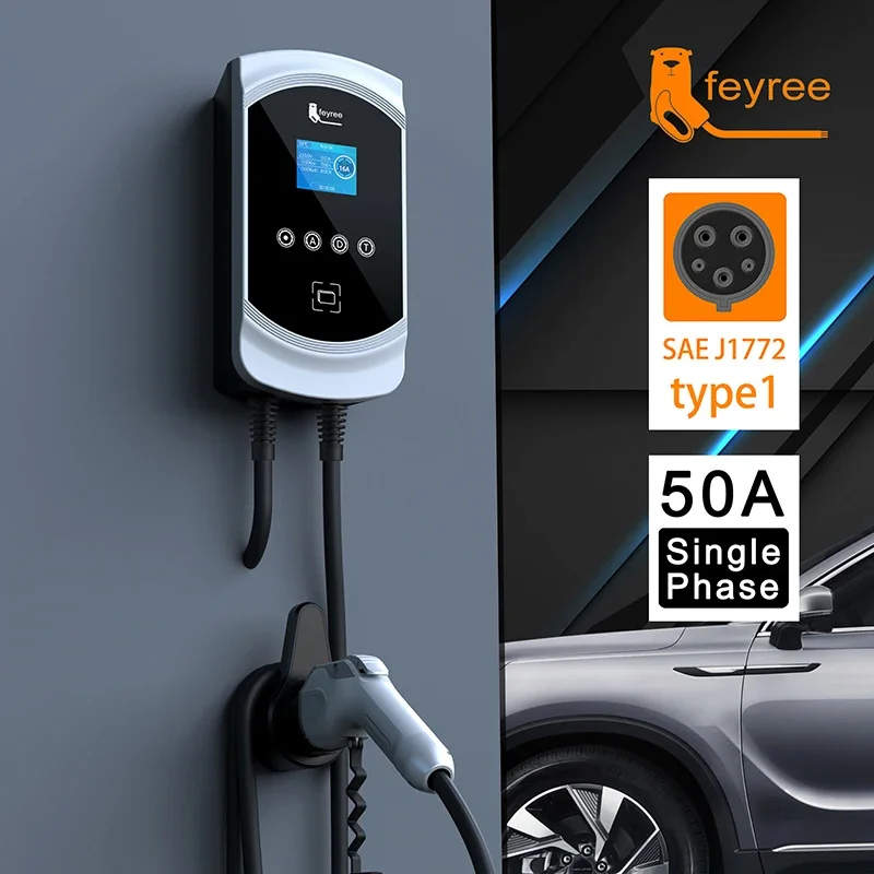 feyree  50A 12KW 1Phase EV Charger Type1 Cable J1772 Cord 40A 9.6KW 32A 7.6KW EVSE Wallbox Charging Station for Electric Vehicle