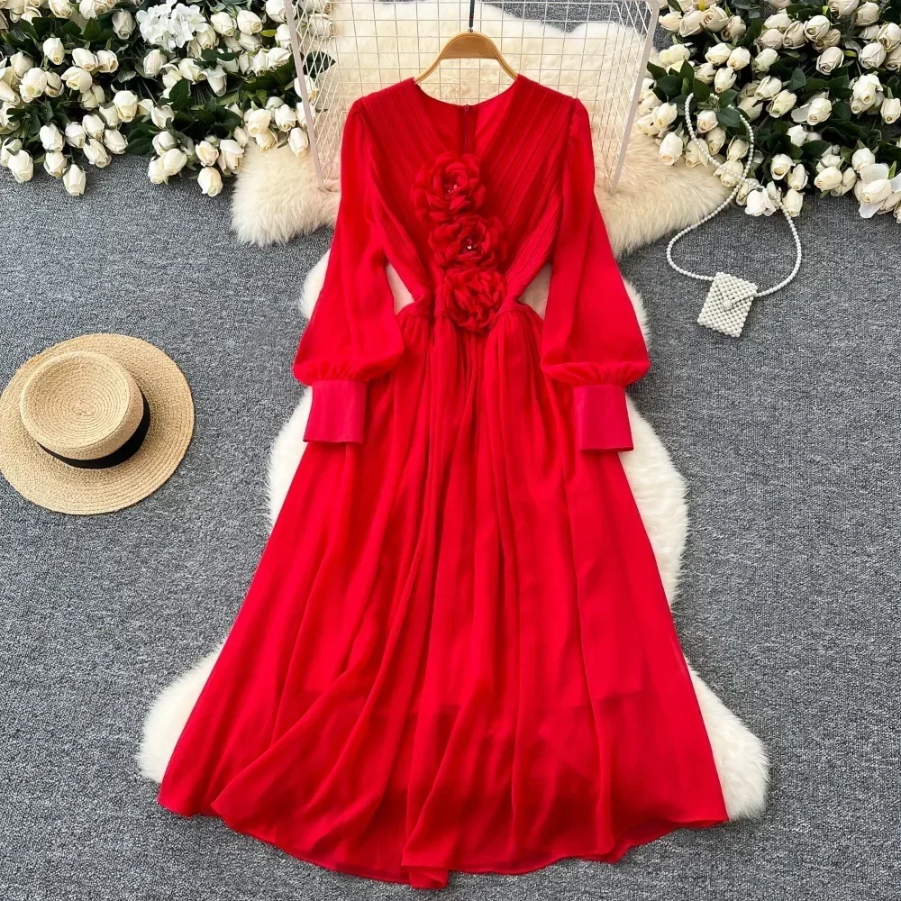 3d Floral Women 2025 Vestidos Dresses V-Neck Lantern Long Sleeve Dress High Waist Big Swing Vestido Femininos  Elegant Clothing