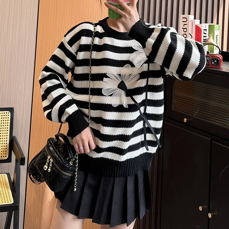 

Hsa New Three-dimensional Flower O-neck Striped Knitted Sweater 2023 Loose Versatile Long Sleeve Sweet Girls Knitwear Chic Tops