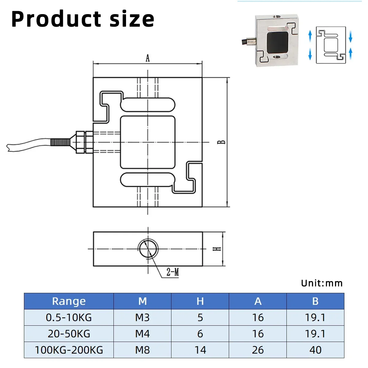 Célula de carga de tensión tipo S, Sensor de fuerza de compresión extensible de 10 ~ 2000n, Sensor de fuerza de pesaje de acero inoxidable 10N 20N 30N 50N 100N