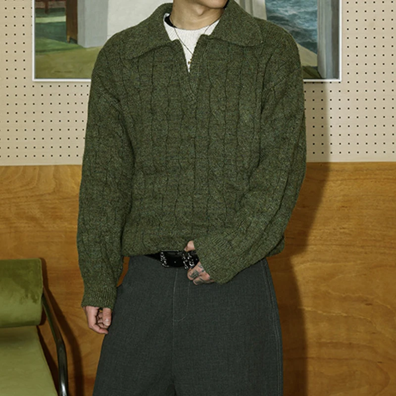 

Stylish Twist Texture Knitted Shirts Men Vintage V Neck Lapel Sweaters Autumn Winter New Casual Men's Double Layer Jumpers