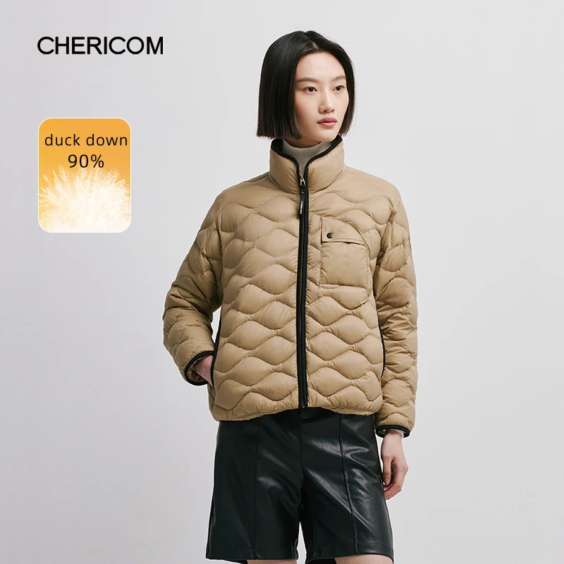 Chericom Short Stand-Up Collar Casual Rhombus Design Coat Autumn Winter Women's Solid Light Warm Loose Down Jacket 298003