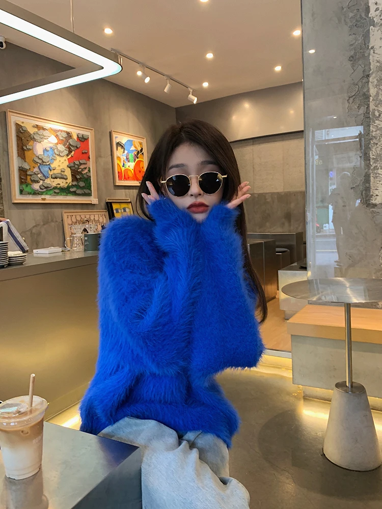 

Klein Blue Women's Loose V-Neck Sweater Mink Velvet Autumn Winter Outerwear Soft Cozy Top Commute Style Thickened Long Sleeve