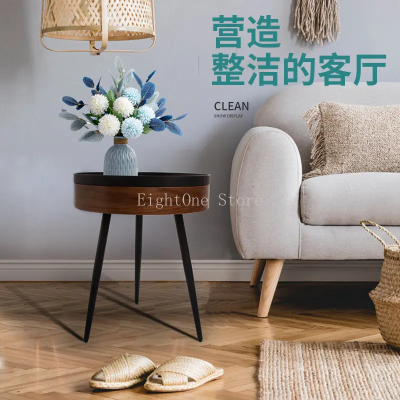 Multi functional bucket sofa tea table side cabinet health environmental protection solid wood small round table light luxury st