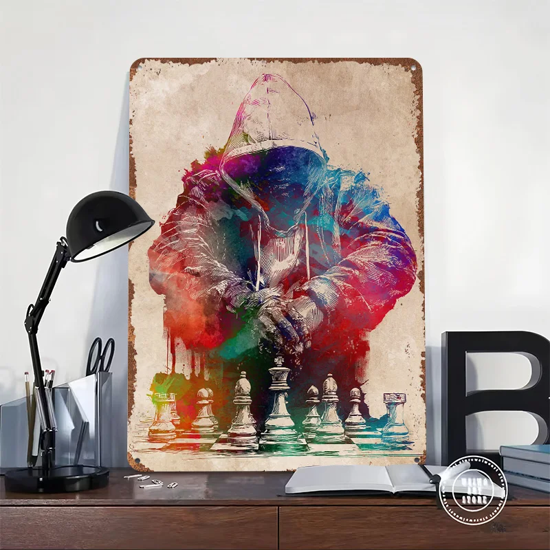 Chess Player Watercolor Art Printed Poster Customized Wall Art Retro Vintage Metal Tin Signs for Living Room Decorations House
