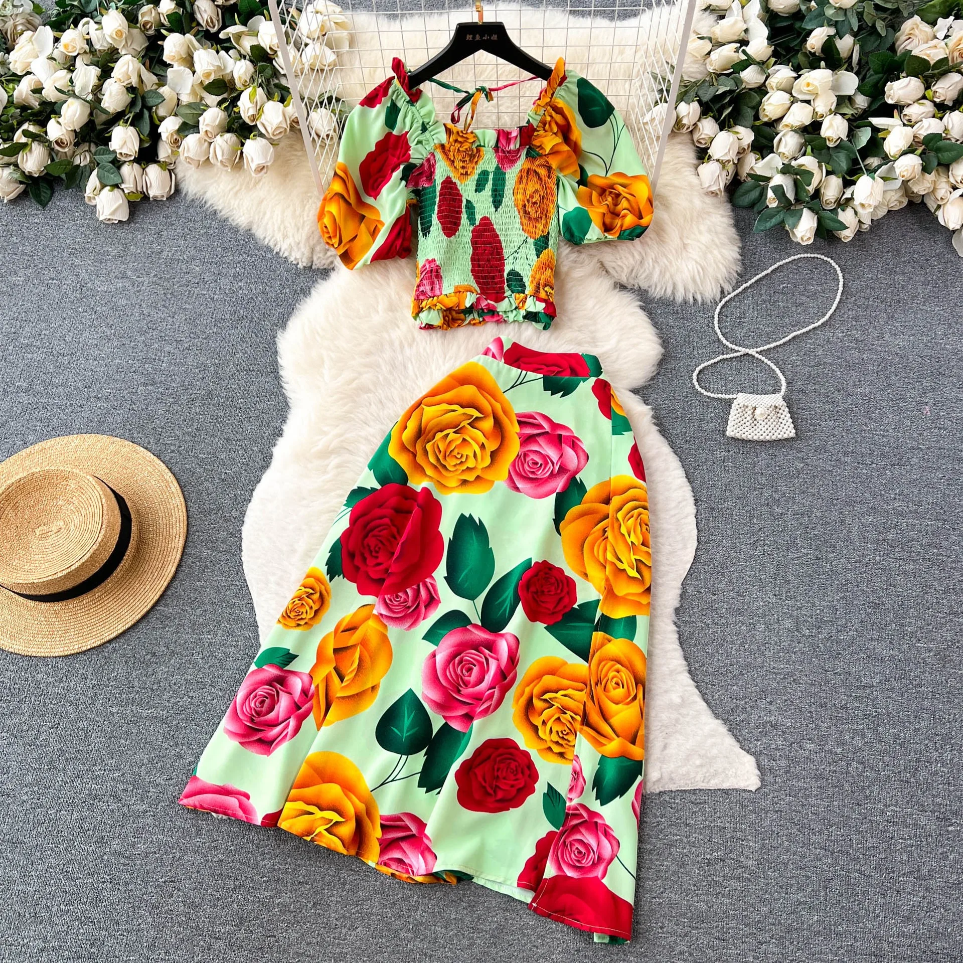 YuooMuoo Women Dress Set Summer Y2K Fashion Print Flowers Crop Tops + Long A-line Skirts Lady Vacation Beach Two Piece Suits