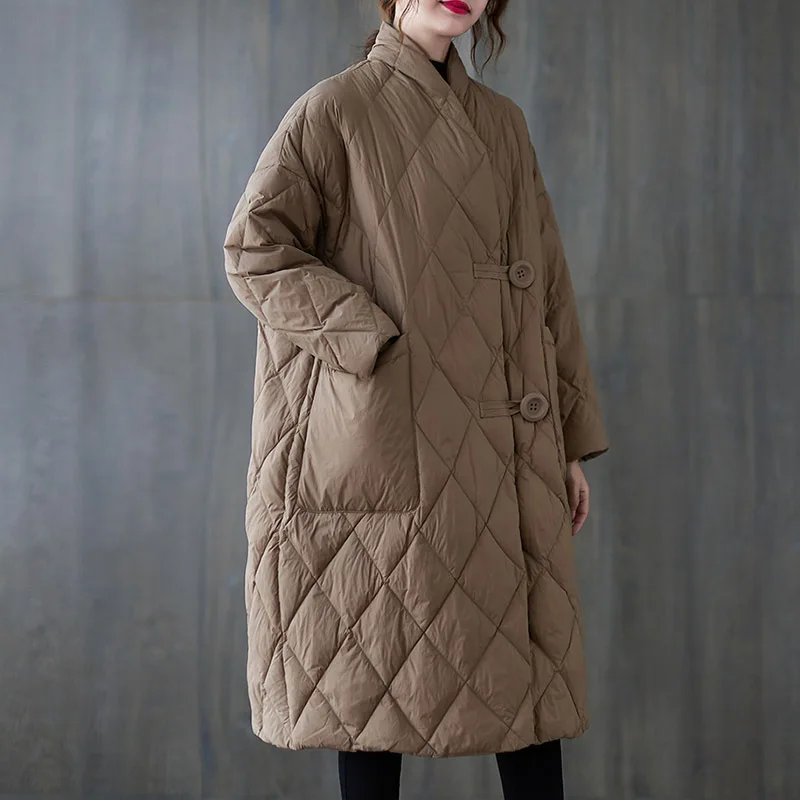 

Female new autumn and winter literary plus size standing-neck outerwear solid M-long with large pocket lightweight coat