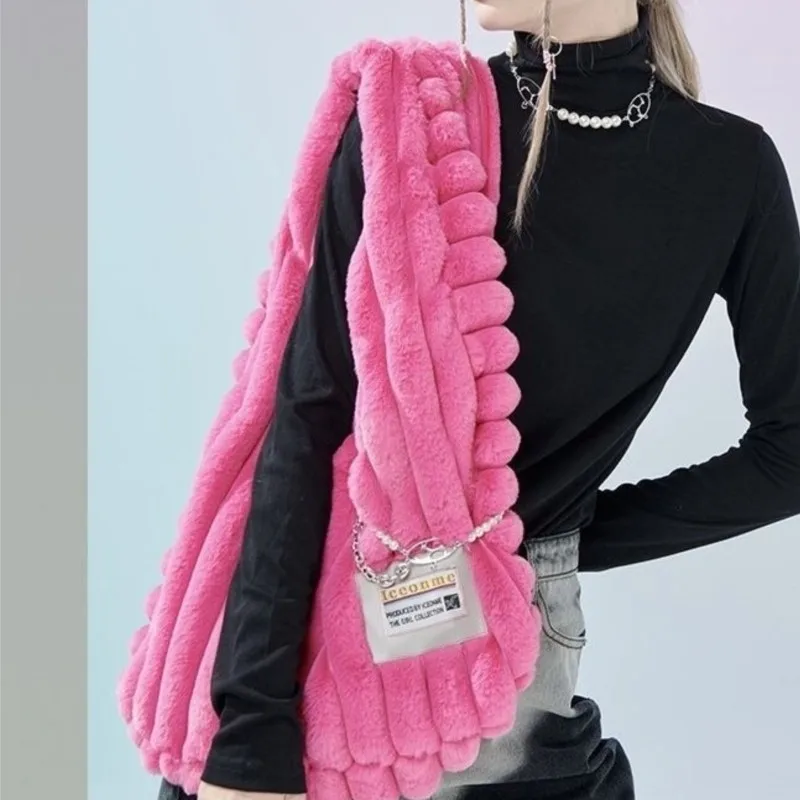 JIAERDI Pink Large Capacity Shoulder Bags Women Retro Harajuku Aesthetic Plush Y2k Handbags Ladies Vintage Soft Underarm Bag New