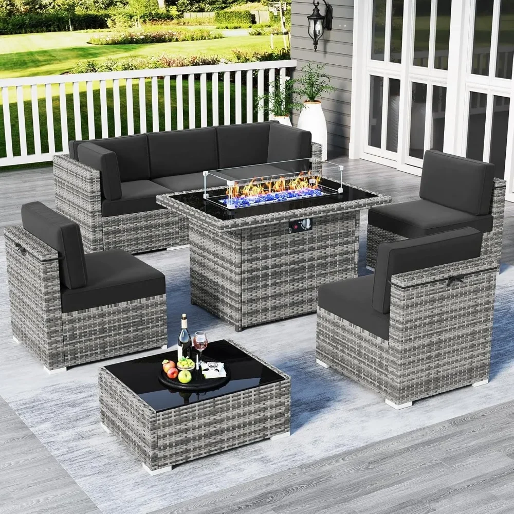 

8 Piece Patio Furniture Set with Fire Pit Table, Outdoor Conversation Sets Wicker Rattan Sectional Sofa with Coffee Table