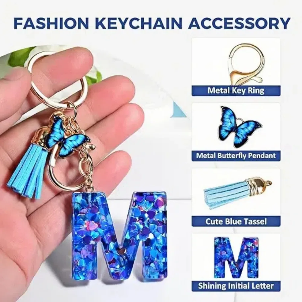 New Personalized 26 Letter Keyring Blue Y2k Cute Love Butterfly Keychain for Bag Acrylic Pendant Key Ring Buckle Chains Gift