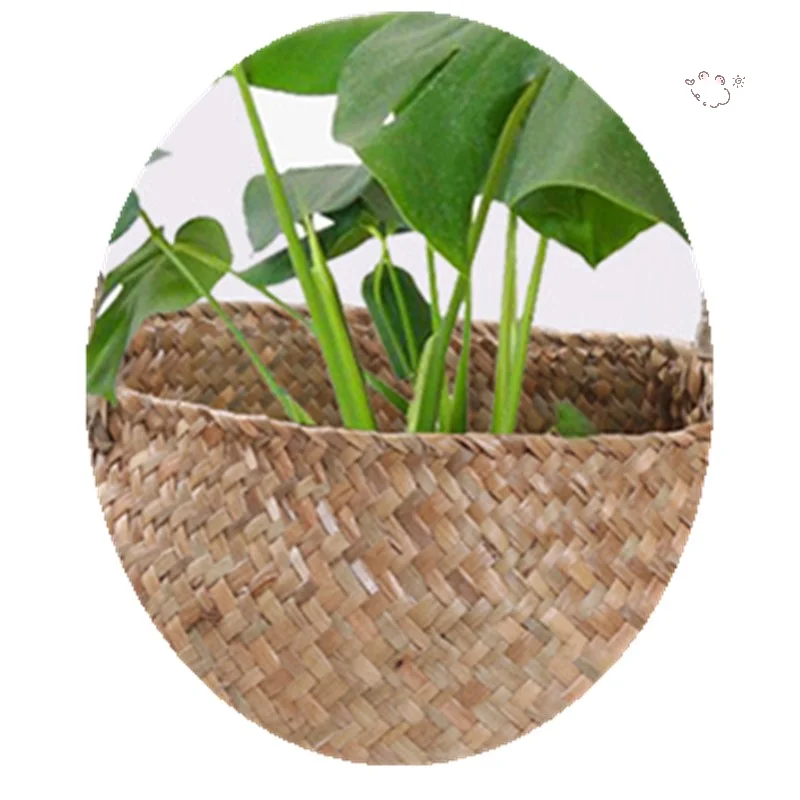 

[H8G] Foldable Basket Woven Storage Basket With Handle Laundry Toy Sundry Organizer Rattan Flower Pot Container Home Decor