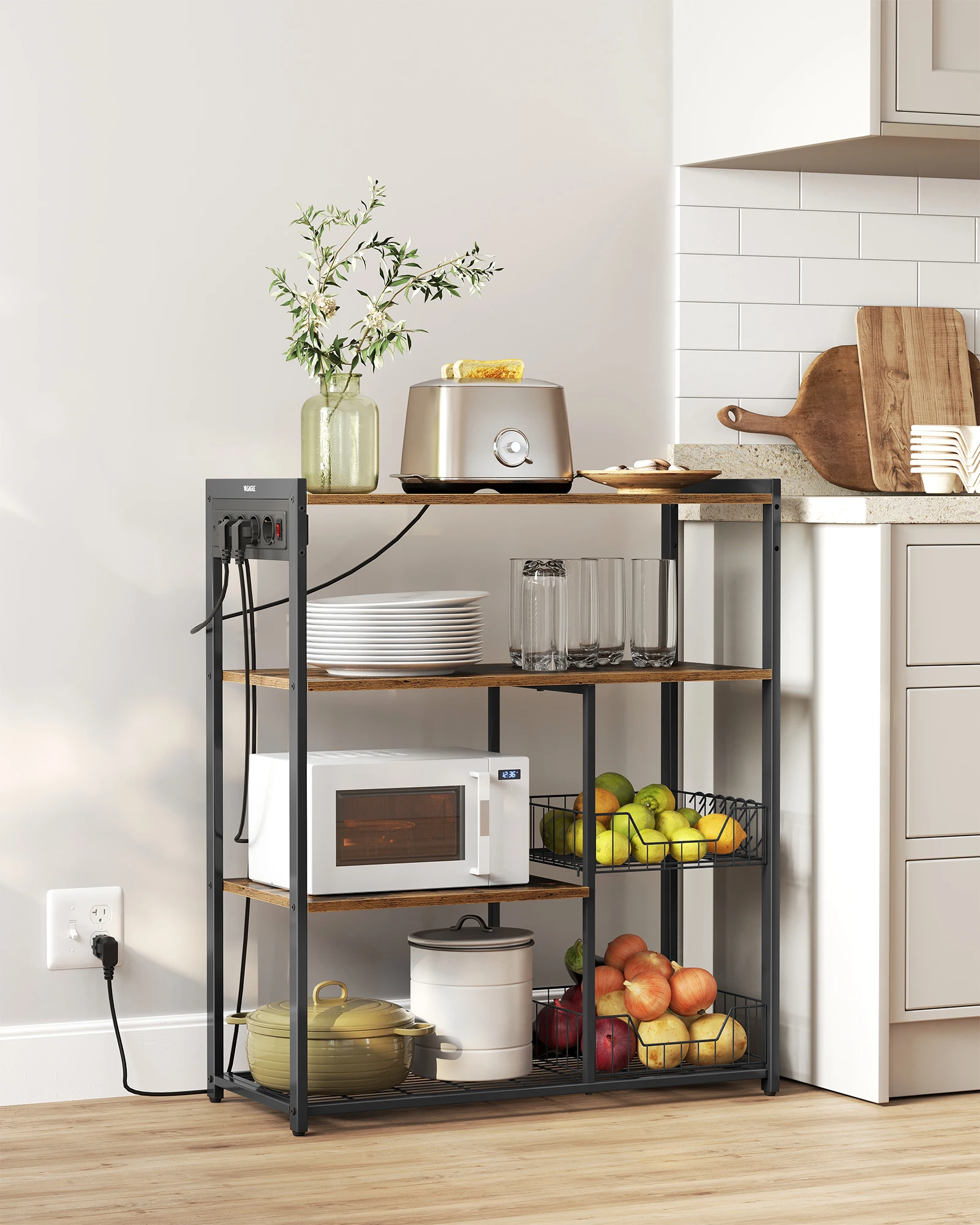 VASAGLE Küchenregal mit Steckdosen, Standregal mit 2 Metallkörben, Mikrowellenregal, 35 x 80 x 93,5 cm, Industrie-Design