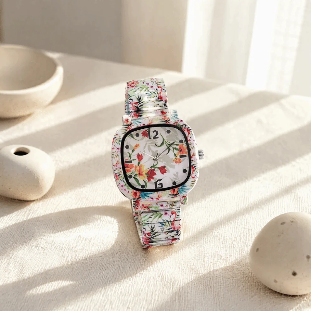 Stainless Steel Quartz Bracelet Watch Floral Printed Elastic Square Wristwatch Colorful Rainbow Gradient Stretch Strap Watch