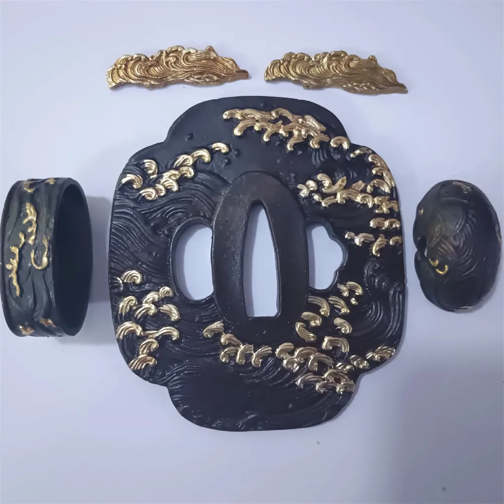 

A Set Copper Brass Carved Wave Tsuba Fuchi Menuki Kashira Accessories For Japan Sword Katana Fittings