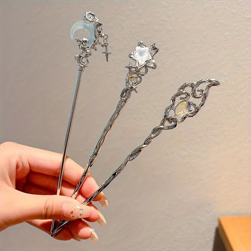 3pcs Moon & Star Hairpin Set – Elegant Moonstone Alloy Hair Accessories for Women (Holiday Gift)