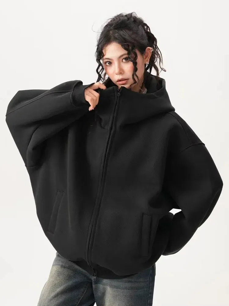Zoki Y2K Black Hoodies Women Streetwear Oversize Loose Long Sleeve Retro Sweatshirt American Harajuku Vintage Bf Tops Coats New