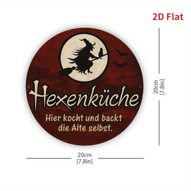 Halloween Witch Kitchen Metal Plate Decor - Witch with Broomstick, Red Background - Durable Metal Plaque for Home, Office, Coffe