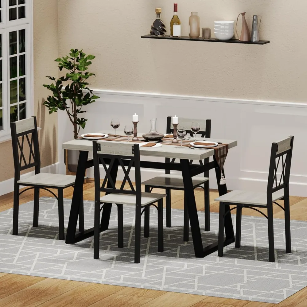 5-Piece Farmhouse Kitchen Table Set, Thickened Metal Frame with Wood Top, Kitchen Table and Chairs for 4 Ideal for Dining Room