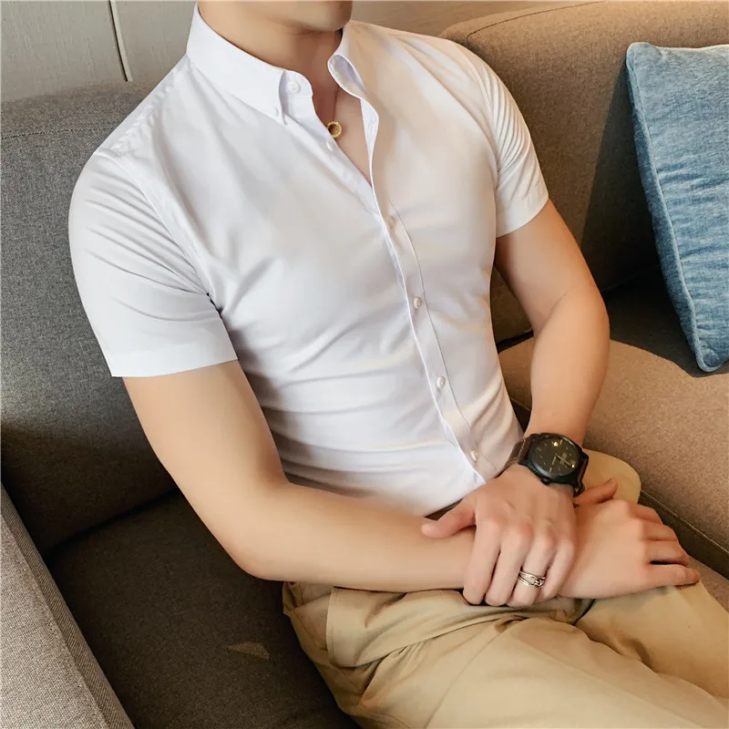 2023 Brand clothing Men\'s high-grade pure cotton short sleeve shirts/Male slim lapel Business shirt White blue Plus size S-5XL