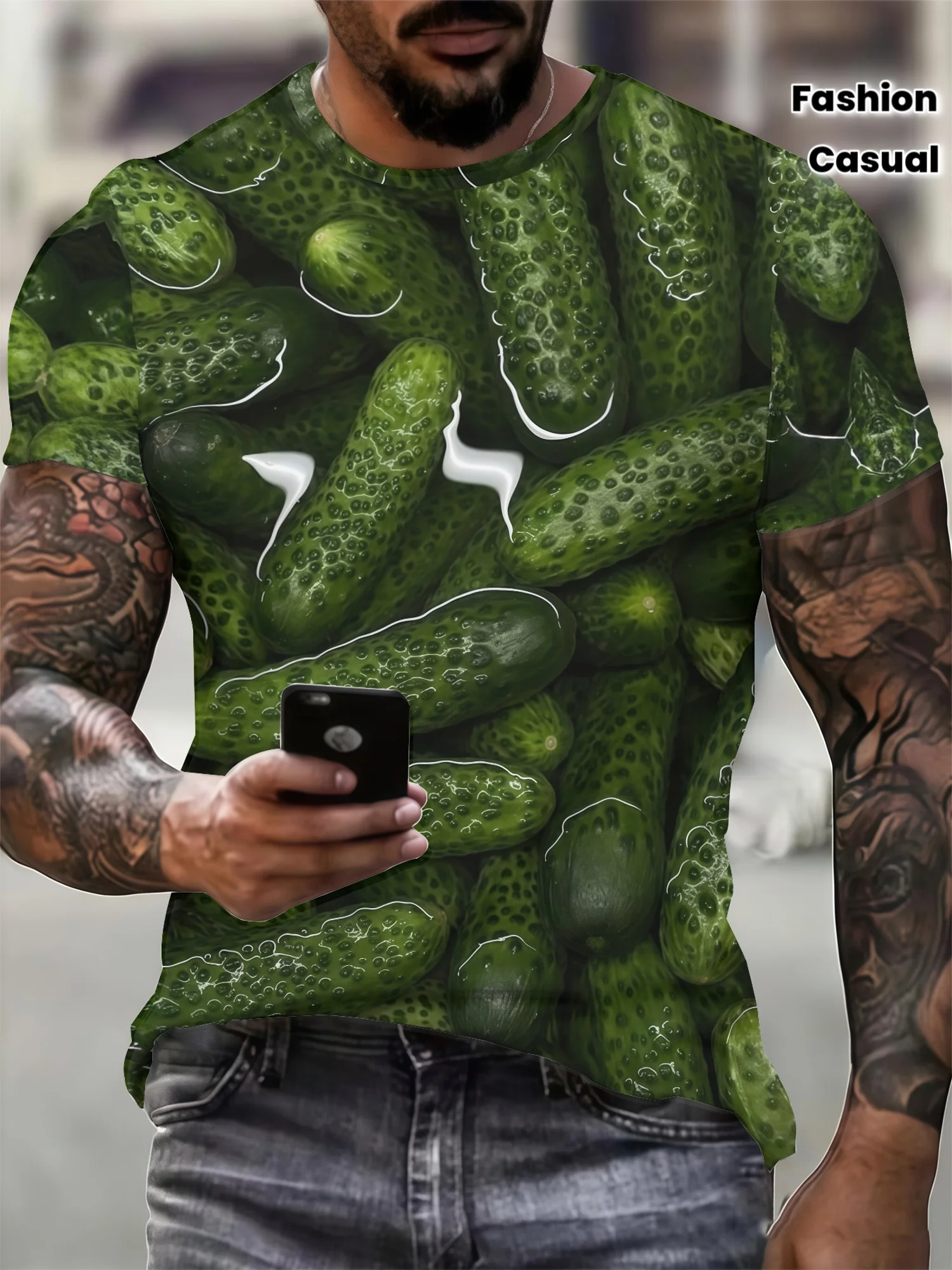 Men's 3D Full Print Green Cucumber Vegetable T-Shirt Crew Neck Short Sleeve Funny Novelty Casual Daily Tee Top