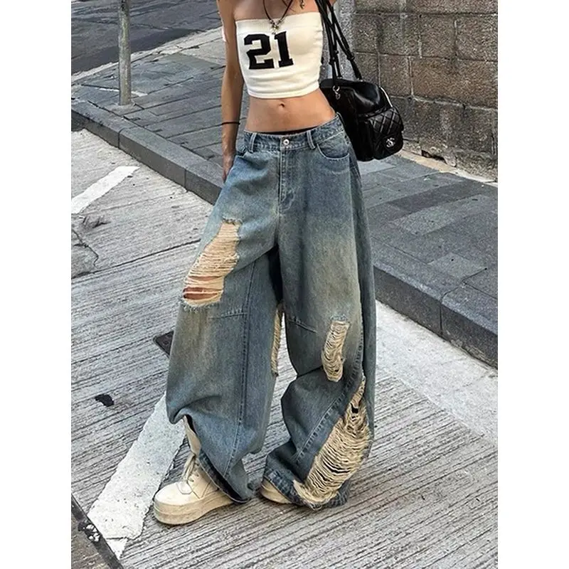trend street vibe dancing babe ripped jeans retro high waist loose lazy loose flooring pants  joggers women