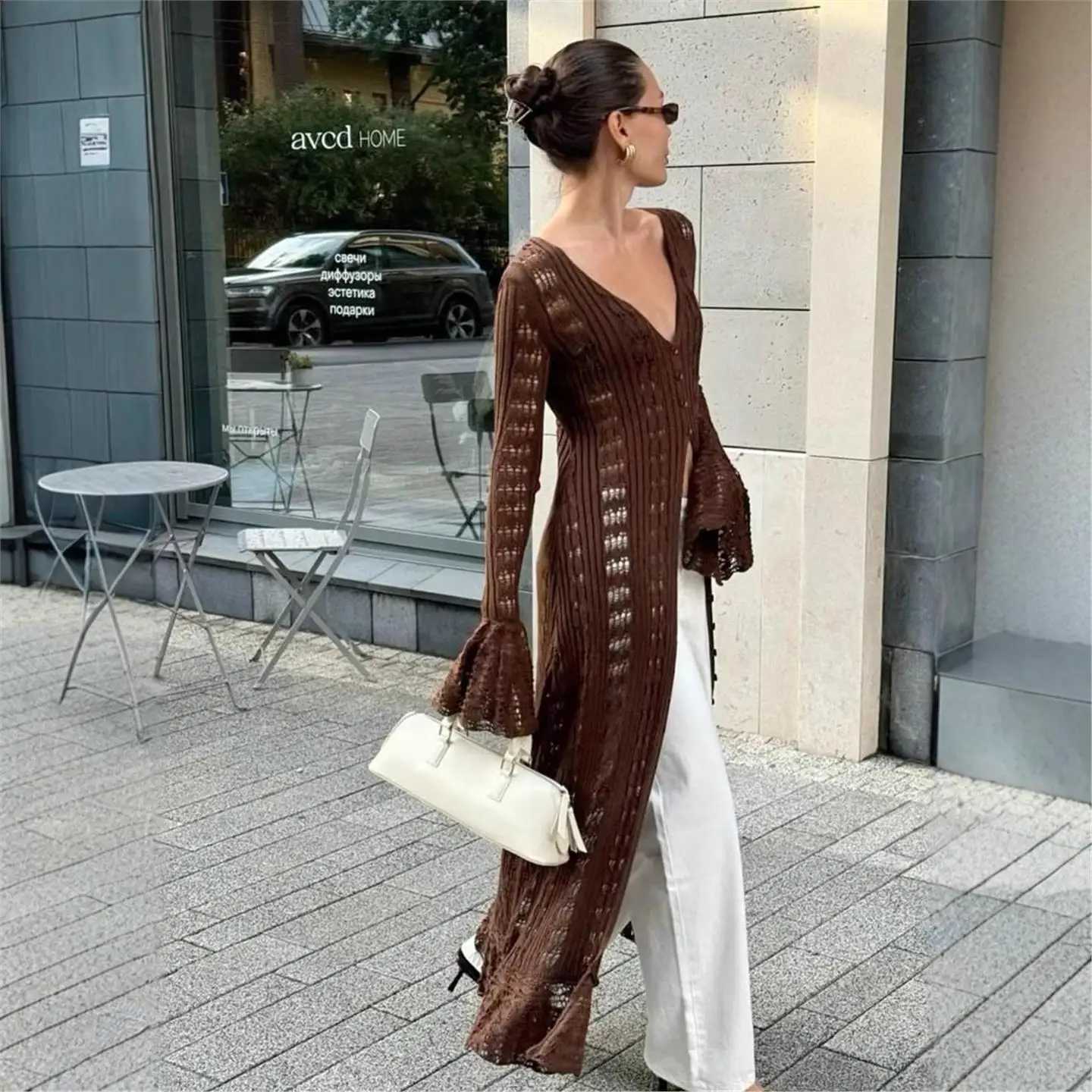 

Длинная вязаная ажурная верхняя одежда Spicy Girl, женское дизайнерское пальто с кружевной отделкой, ленивое пальто Bell Bot, длинное открытое автомобильное...