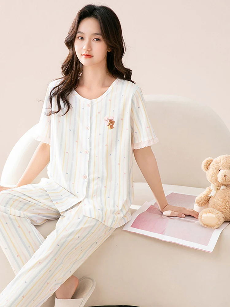 fenteng-pigiama-in-puro-cotone-da-donna-set-estivo-con-maniche-corte-e-pantaloni-lunghi-abbigliamento-da-casa-separato-traspirante-e-delicato-sulla-pelle