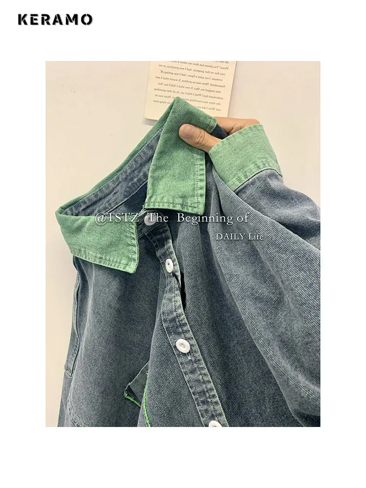 2023 Autumn Women Korean Fashion Loose Denim Shirt Spliced Denim Jackets Harajuku Oversize Casual Jean Coats Tops Female Y2K