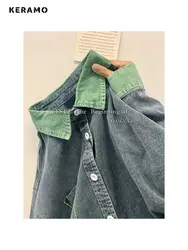 2023 Autumn Women Korean Fashion Loose Denim Shirt Spliced Denim Jackets Harajuku Oversize Casual Jean Coats Tops Female Y2K