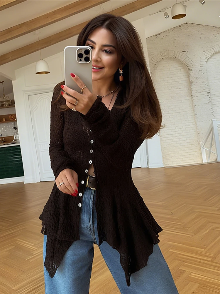 Kliou Francuskie Haftowane Damskie Topy Hipsterskie Nieregularne Plisowane Długi Rękaw Dekolt V Jednorzędowe Koszulki Damskie Jesienna Odzież Uliczna